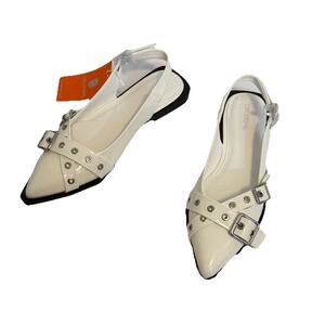 Creation Womens White Pointed Toe Slingback Flats Studded Buckle Shoes 10 NWT